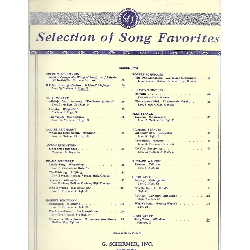 O for the Wings of a Dove Mendelssohn Voice Piano Sheet Music Schirmer